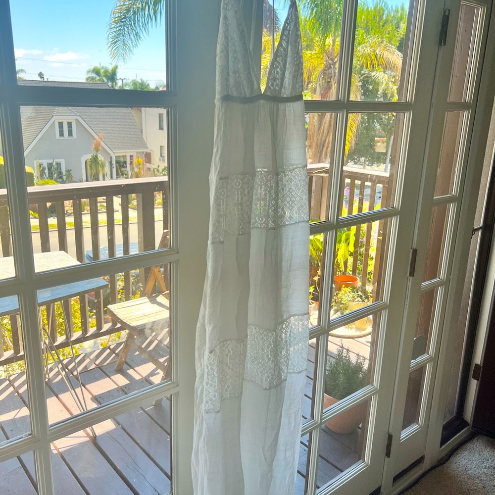 Boho White Linen & Lace Panel Maxi Sheer Dress, Medium 🤍